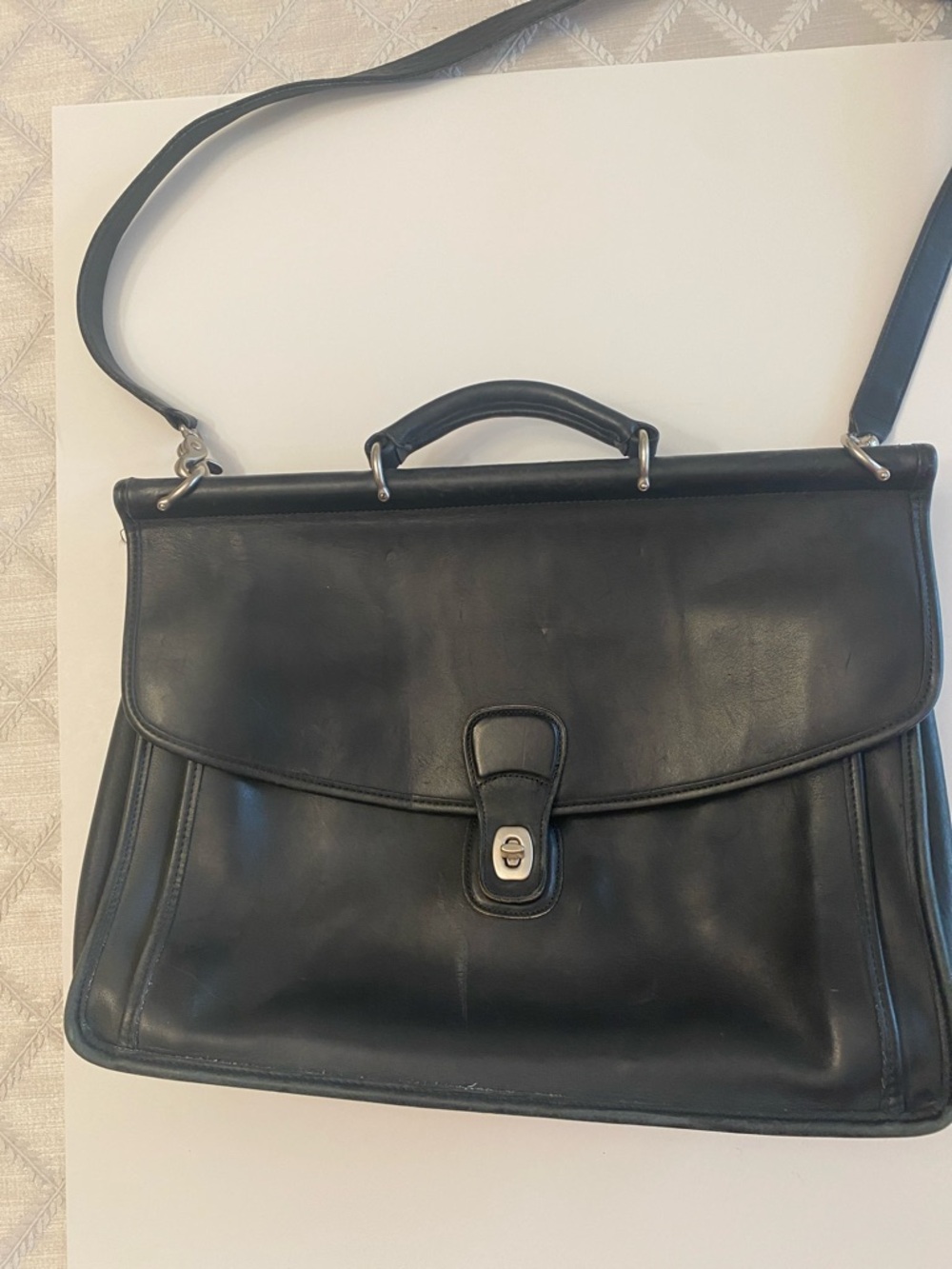 Coach Black Leather Flap Briefcase with Top Handle and Shoulder Strap